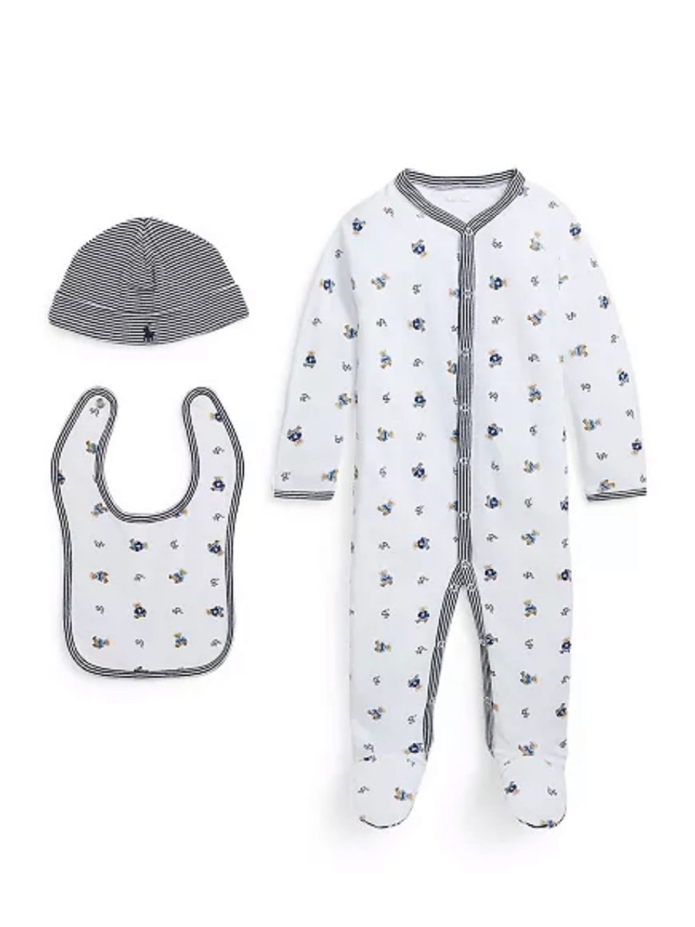 NWT Ralph Lauren Baby Polo Bear 3-Piece Cotton Gift Set - White with Navy 3M